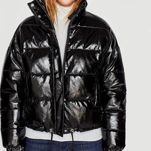 Zara Shiny Patent Vinyl Cropped Puffer